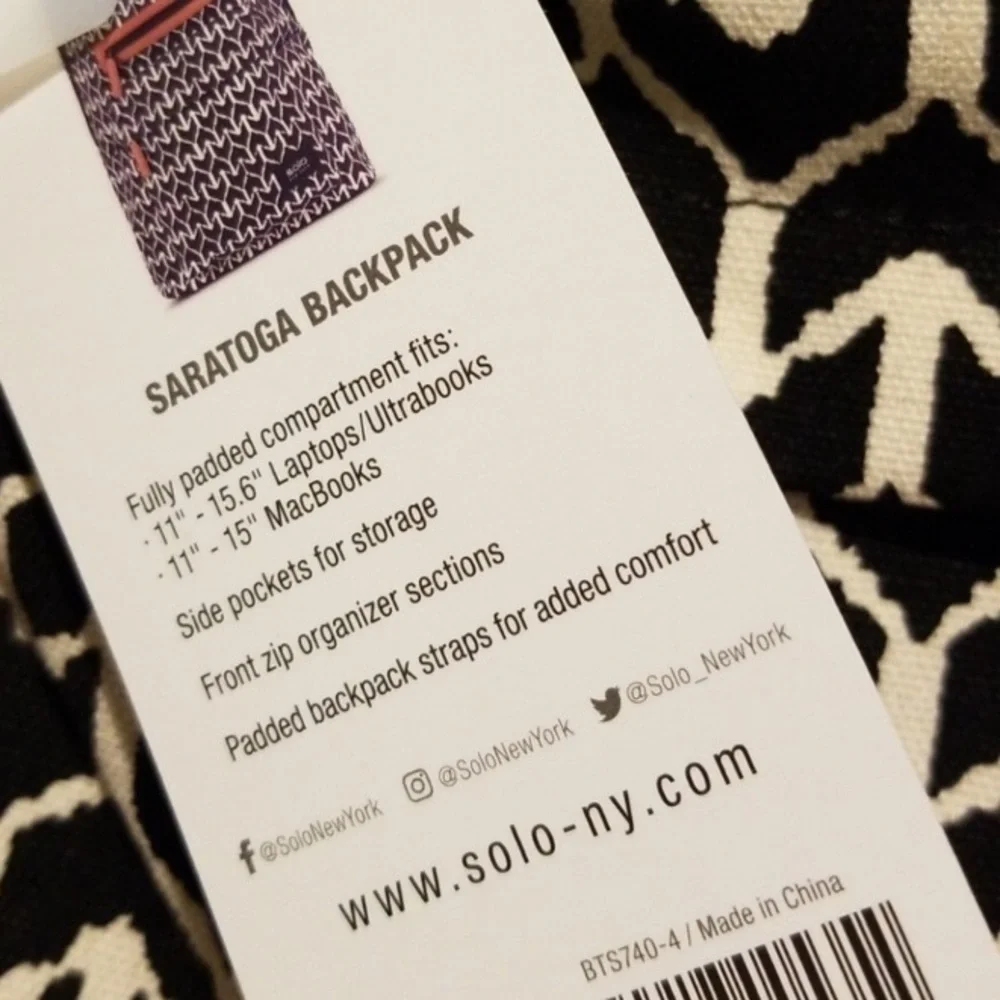Solo-NY Backpack Saratoga Laptop - Black & White NWT